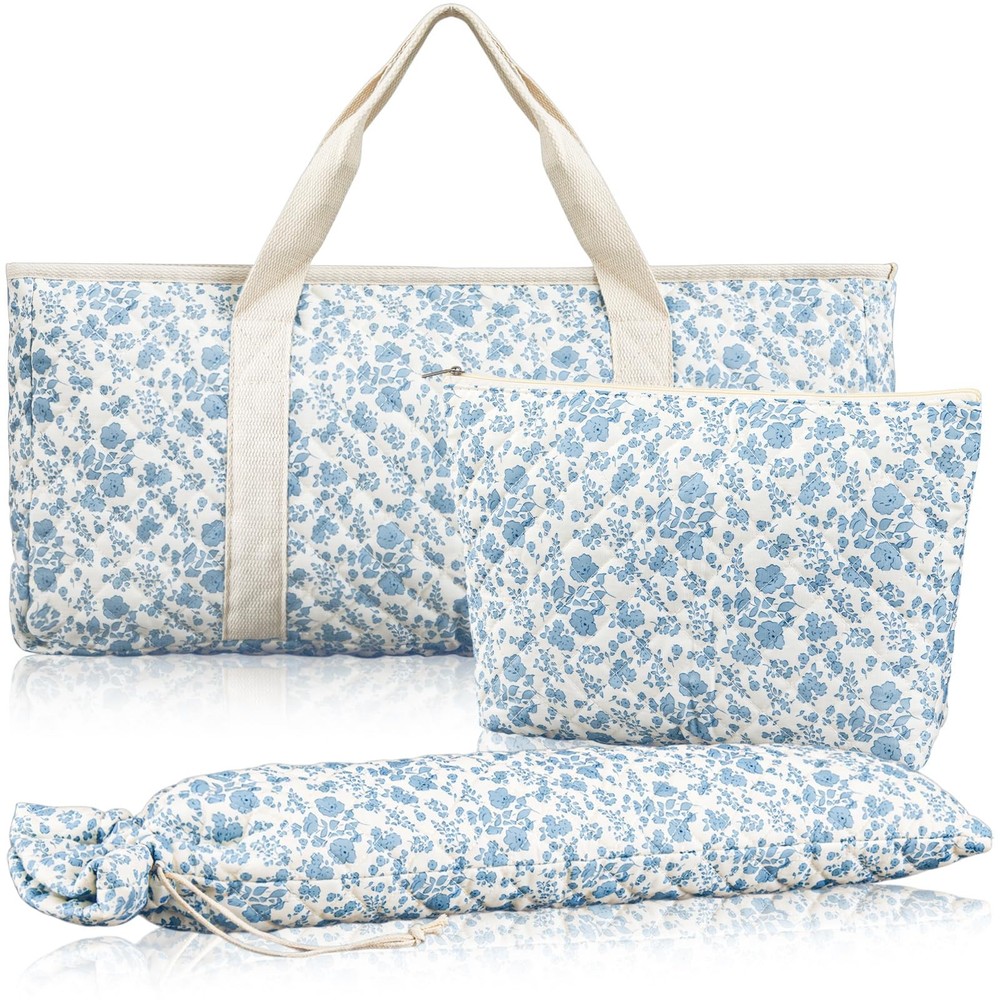 3 Pcs Quilted Empty Mahjong Bag Set, Thickened Blue Floral Carrying Bag Set w…