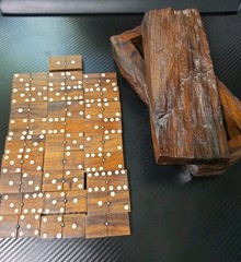 VTG Wood Hand Made Ironwood Dominos Set of 28 Tiles Rustic Log Case Complete