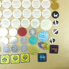 Junk Draw Lot of Coin Tokens from the 1990s. Metal, Plastic, Cardboard, Wood