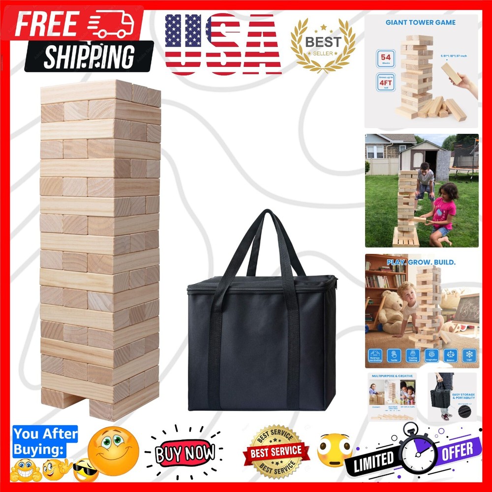 Giant Tumble Tower – 54 Pine Wooden Blocks for Family Fun, 2FT to 4FT High