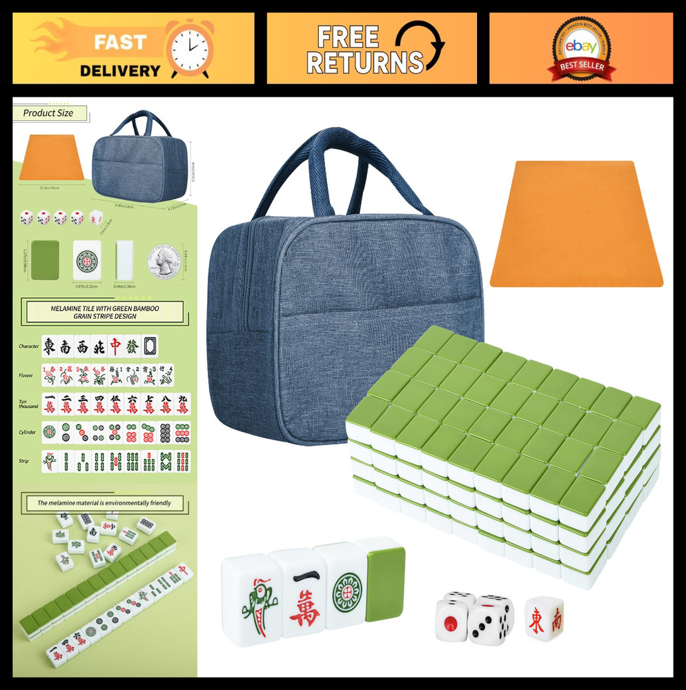 Compact Mahjong Set – 144 Melamine Tiles + 8 Blanks, Travel Size with Handbag