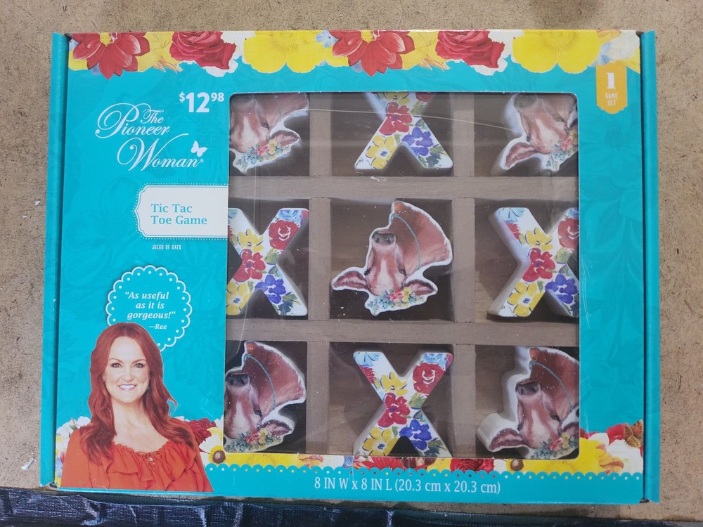 Pioneer Woman Tic Tac Toe Game Floral Cow Wooden Board 8″W x 8″L New (SM 5-1)