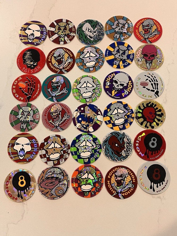 1990s Lot of 30 POISON Skull Bones Pogs Slammer Holographic Milk Caps Lot Mint!