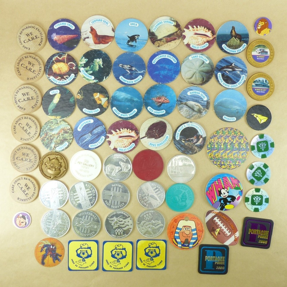 Junk Draw Lot of Coin Tokens from the 1990s. Metal, Plastic, Cardboard, Wood
