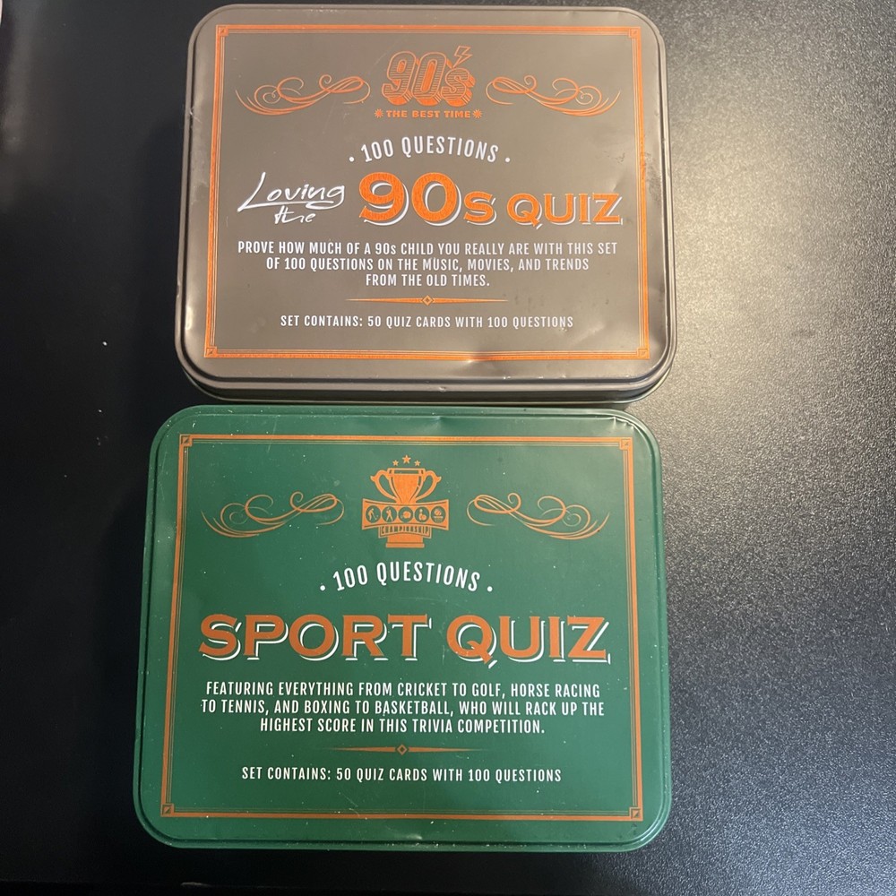 100 Questions LOVING the 90s QUIZ & Sport Quiz Card Games in TIN Boxes (#69)