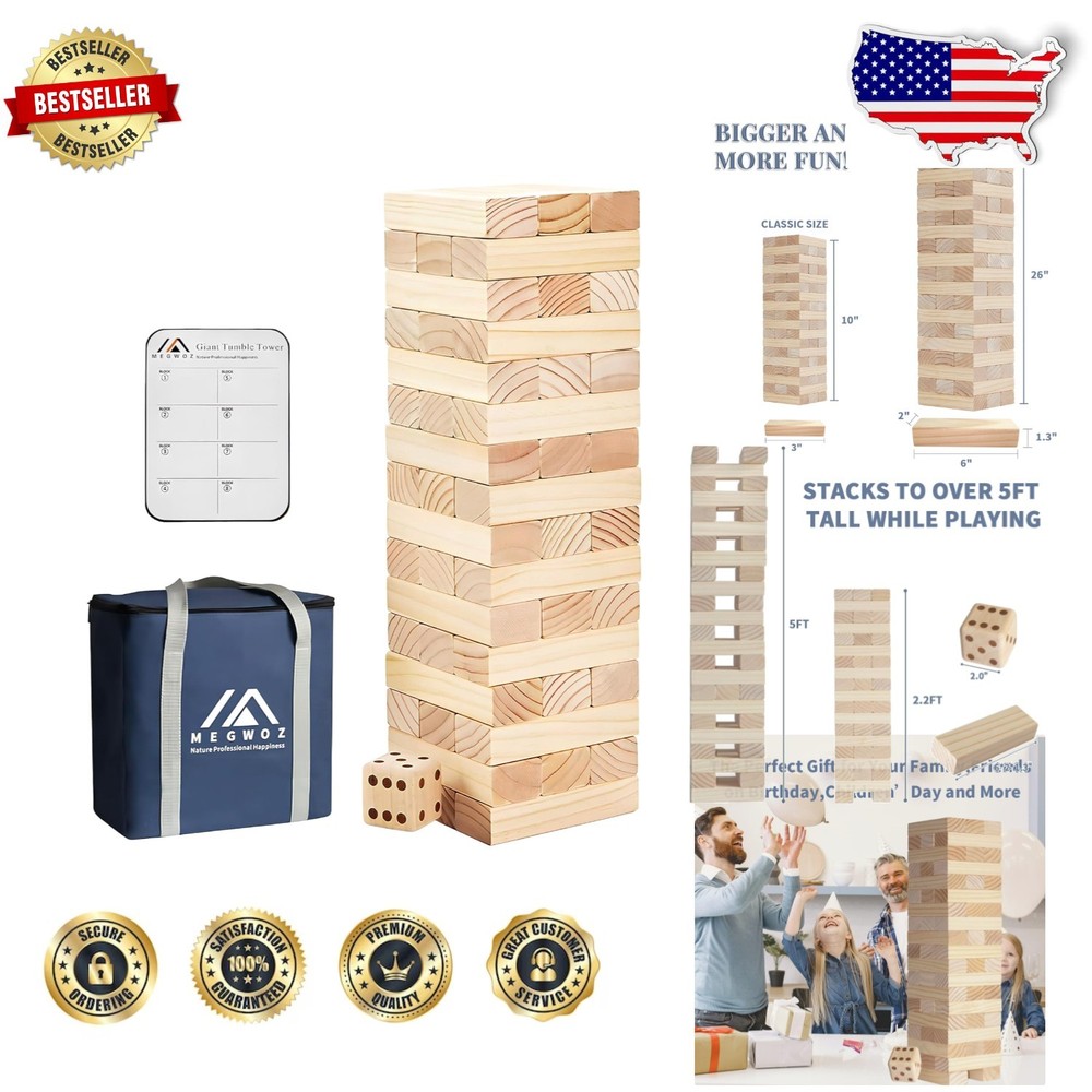 Giant Tumble Tower 60pc New Zealand Pine Blocks Stack to 5ft – Quality