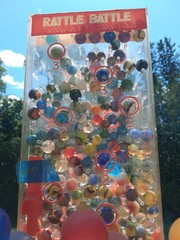 Vintage RATTLE BATTLE and small Jars with tops plastic DISPLAY with MARBLES!