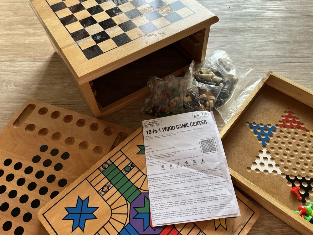 12-in-1 Wood Game Center Classic Board Games Set, Complete Game, Ages 5+