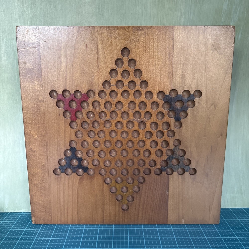 Vintage Handmade Solid Wood 2-Sided Game Board:Chinese Checkers & Aggravation