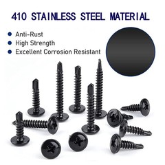100PCS #10×5/8 Black Crosshead 410 Stainless Steel Self-Drilling Screws Modif…