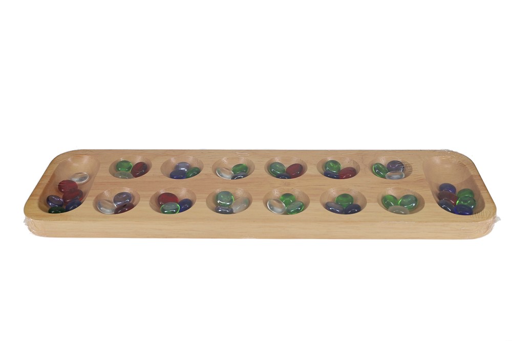 Mancala (African Stone Game) Solid Wood Board Multicolored Glass Stones 17.5″