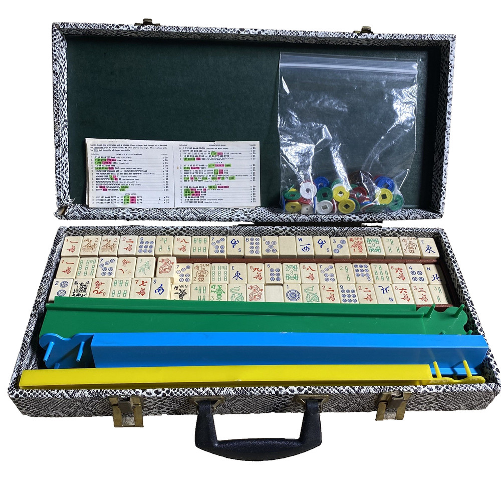 Vintage Mahjong Set 159 Wood Tiles 5 Plastic Racks Chips Hands Sheets Case
