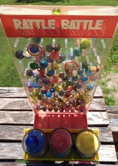 Vintage RATTLE BATTLE and small Jars with tops plastic DISPLAY with MARBLES!