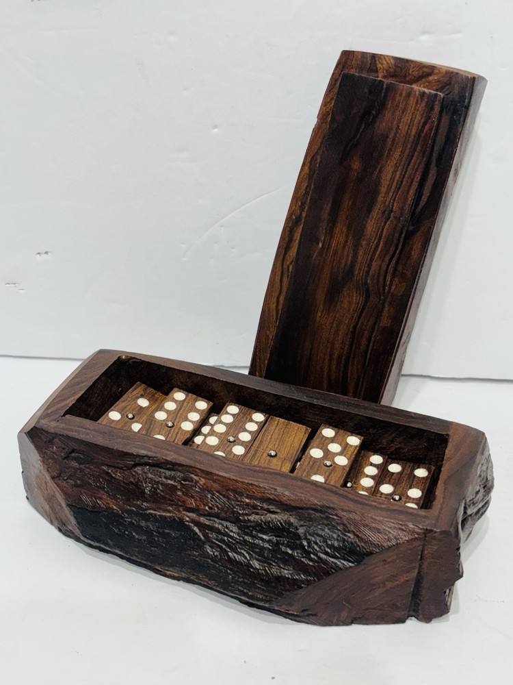Vintage Walnut Wood Dominoes Set And Box