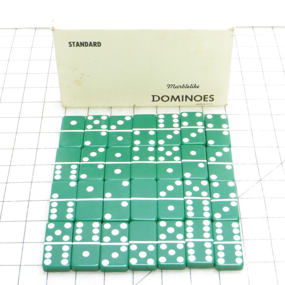 Vintage Puremco MarbleLike Green Standard Dominoes Set of 28 & Box – Made in USA