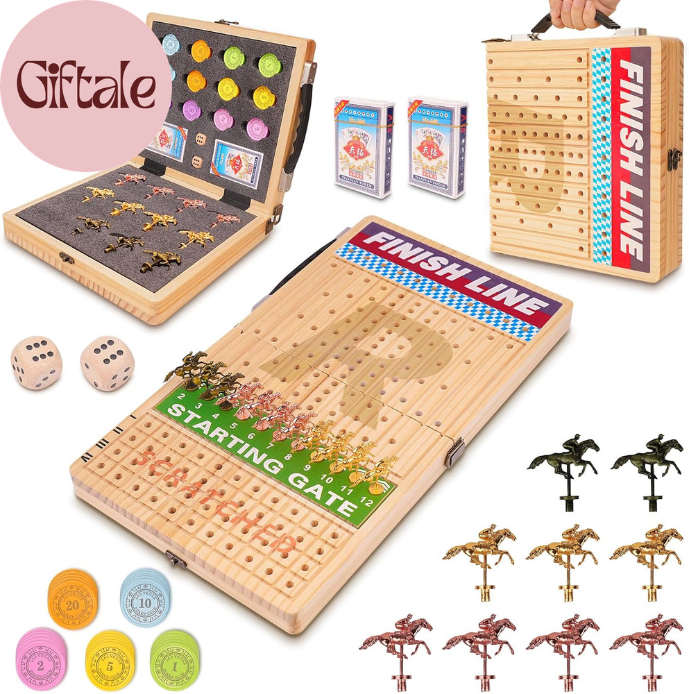 21″ Large Horse Race Board Game – Solid Wood Horse Racing Game with 11 Metal Hor