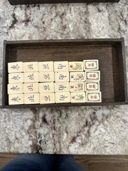 Antique Chinese Mahjong 5 Drawer Wood Box Set Bamboo Bone Mah-Jongg 144 pieces.