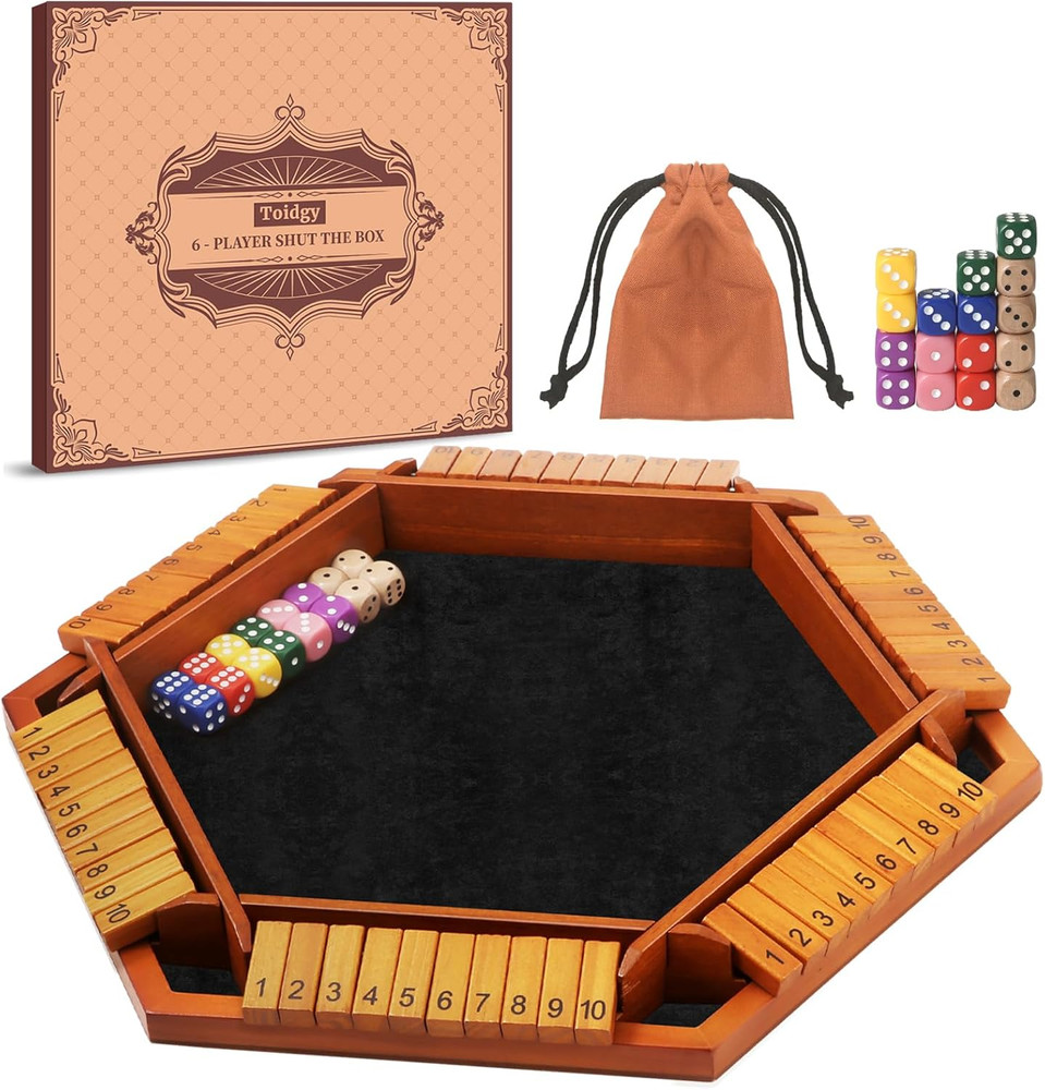1-6 Players Shut The Box Dice Games, Wooden Board Table Math Game with 16 Dice a