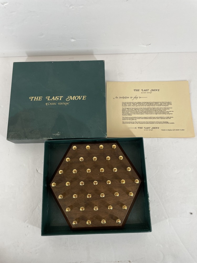 THE LAST MOVE Classic Edition Hexagonal Peg Solitaire Board Game Walnut 24K Gold