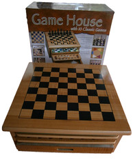 2002 Cardinal GAME HOUSE 10 Games WOOD Boards & Box Chess Checkers Pachisi Snake