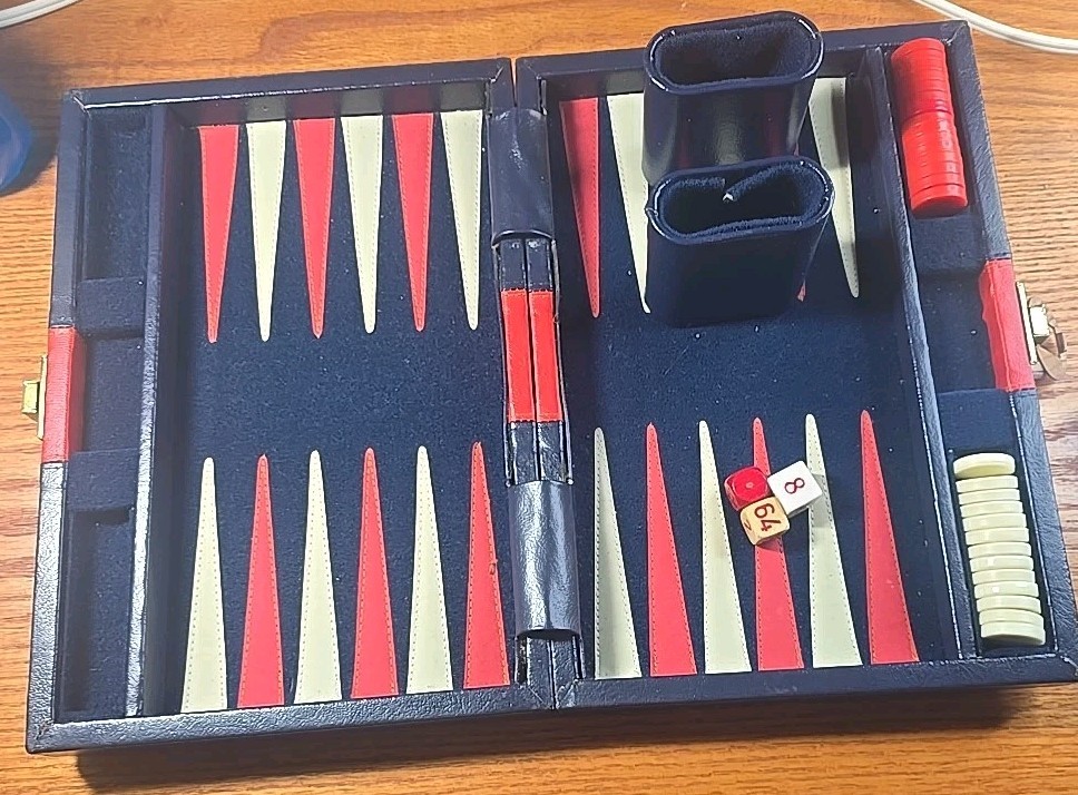 Vintage BACKGAMMON Travel Game Set Navy Blue Faux Leather Folding Case Compact