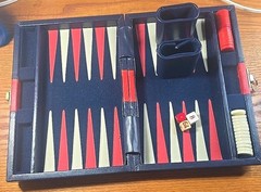 Vintage BACKGAMMON Travel Game Set Navy Blue Faux Leather Folding Case Compact