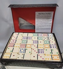 Double 12 Dominoes Set Faux Crocodile Case Multicolor Pips + Bonus Tiles 1980s