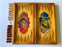 UKRAINE Ooak BACKGAMMON Wood Carved Board Set Bas Relief Knight Woman w/ Arrow
