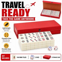 Travel Mini Mahjong Set 144 Tiles 2 Dice Red Carry Case Family Tabletop Game Toy