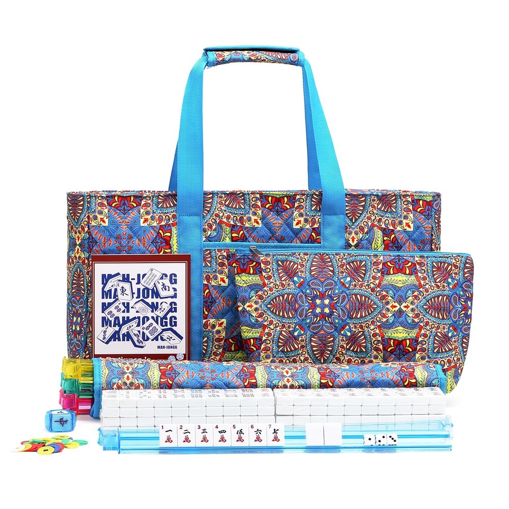 Kyerlish American Mahjong Tile Set with Blue Printed Carrying Bag, Print