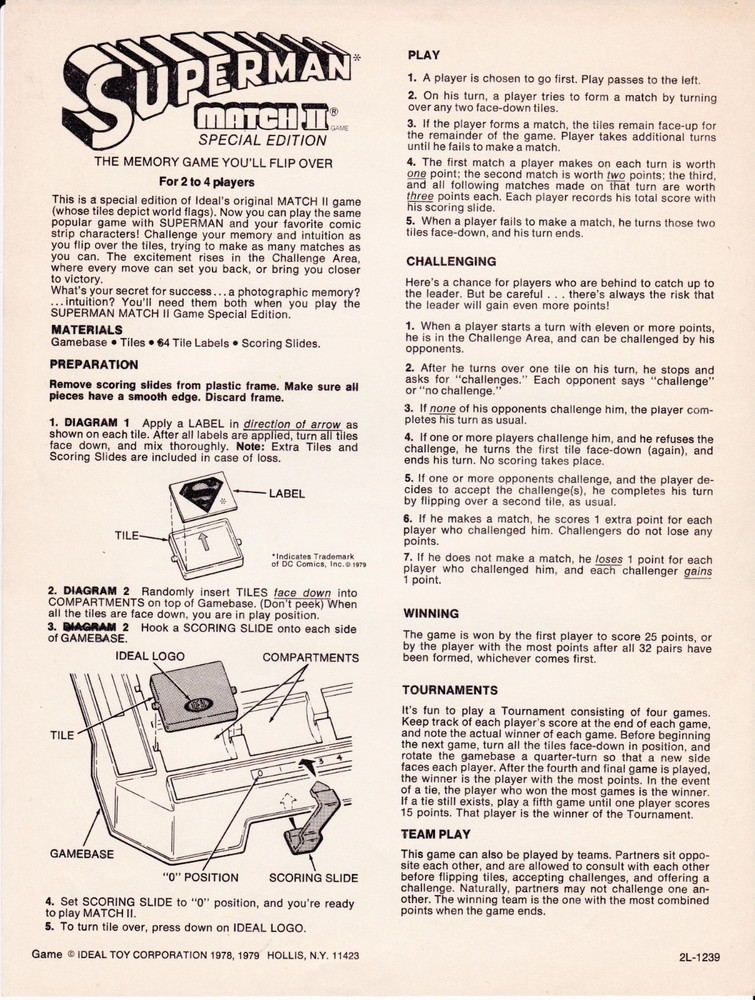 1979 Superman Match II Special Edition Instructions Ideal Toy Original Sheet DC