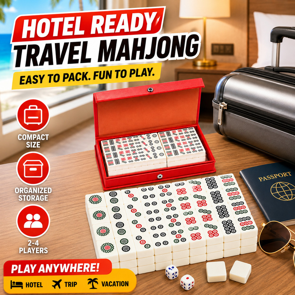 Travel Mahjong Set 144 Mini Tiles 2 Dice Compact Red Case Chinese Game Gift