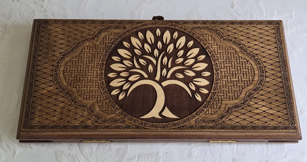 Carved Etched Wood Backgammon & Checkerboard Game Set Tree Of Life Compact