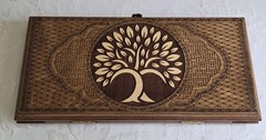 Carved Etched Wood Backgammon & Checkerboard Game Set Tree Of Life Compact