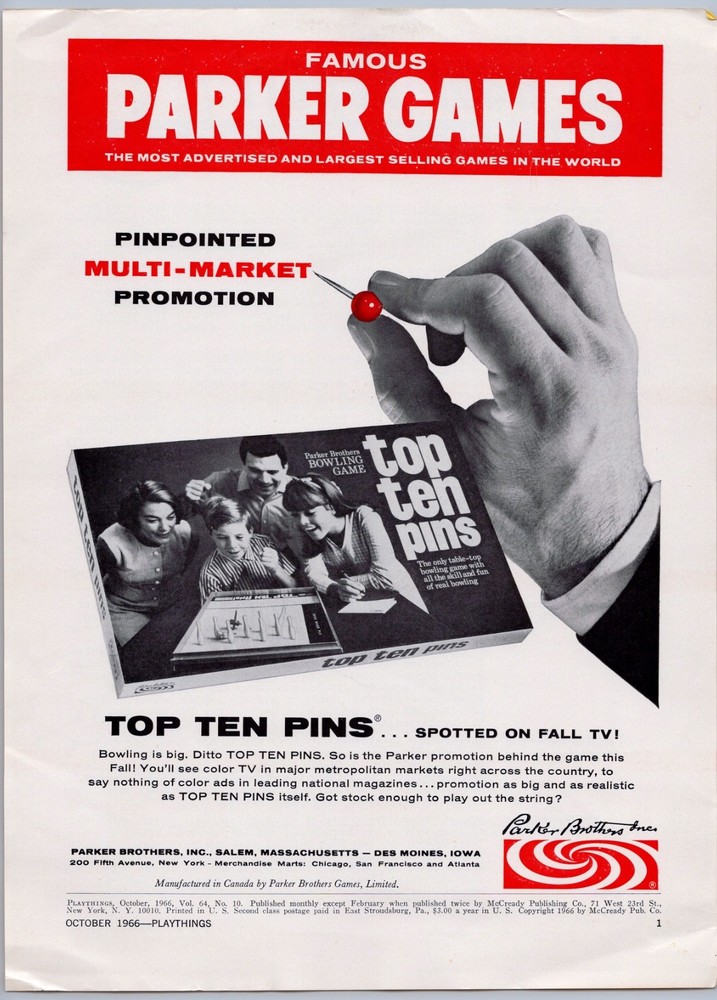 1966 Parker Brothers Board Games Vintage Toy Ad Top Ten Pins Bowling Bowl