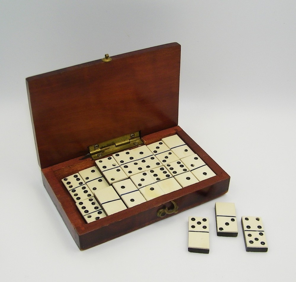 Antique complete Miniature Domino Set in Wood Portable Box Rich Patina