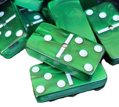 Domino Double 6 Marbleized Green Jumbo Tournament Size w/Spinners in Velvet Box
