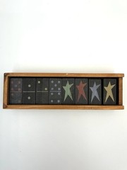 vintage 1998 domino set with wooden box black with multicolored stars