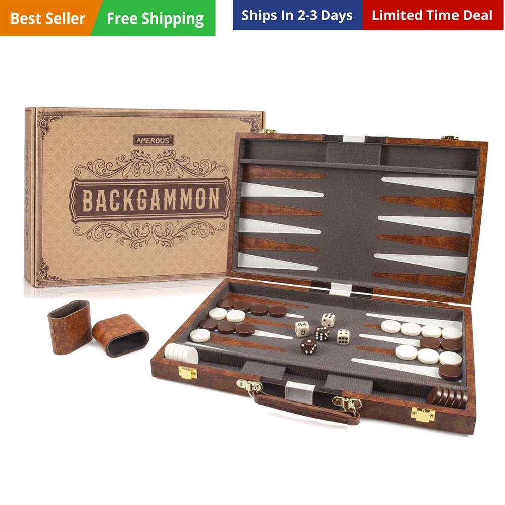 Backgammon Set, 15 Inches Classic Board Game with Leather Case, Folding Board…