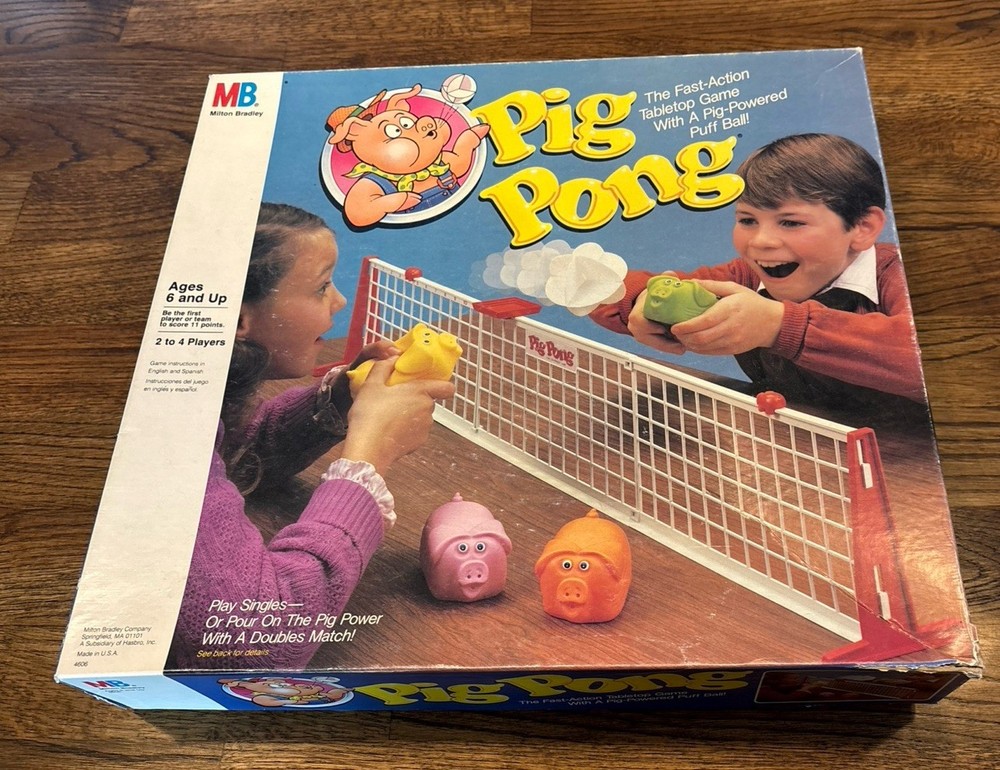 Vintage 1986 Milton Bradley Pig Pong Board Tabletop Game Puff Balls + Rules