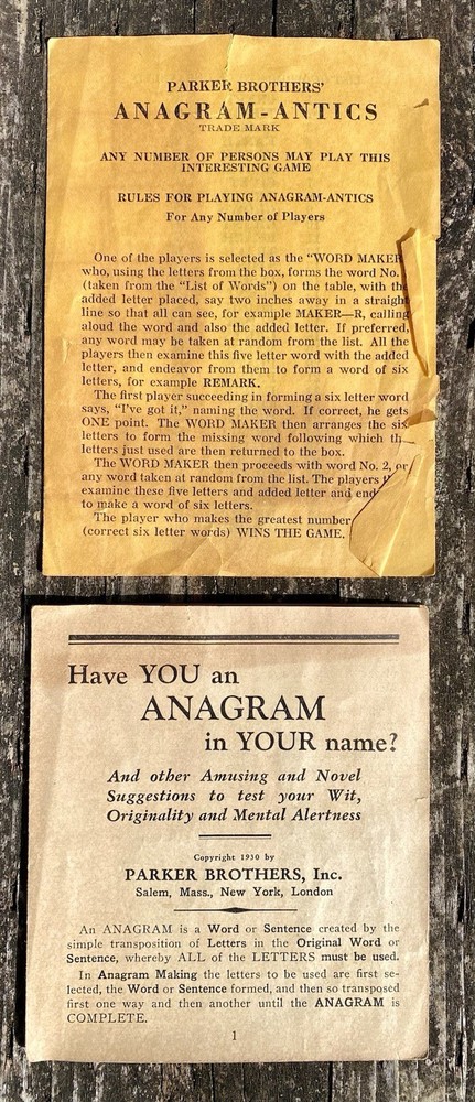 Vintage 1930 Parker Brothers Anagram-Antics Original Rules & Instructions Paper