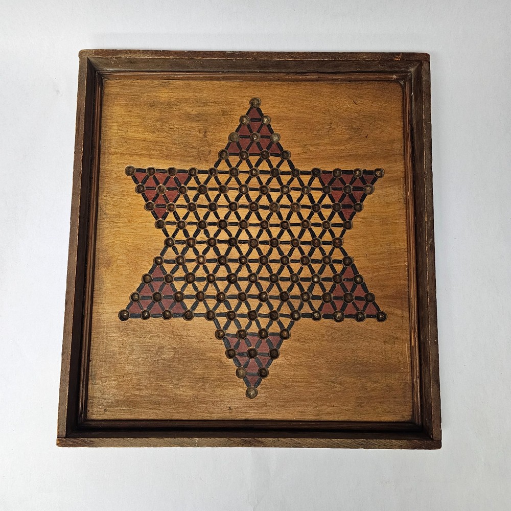 Vintage Wooden Chinese Checkers Board Game Double Sided Handmade Wood