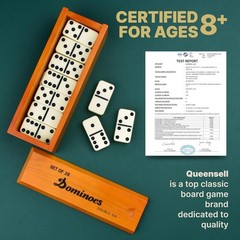 Queensell Jumbo Dominoes Set for Family Fun – 28 Double 6 Tiles in Wooden Box
