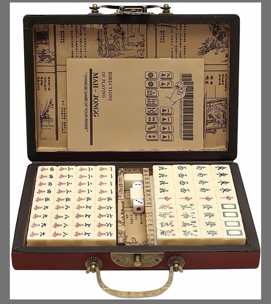Vintage Chinese Mahjong Set Traditional 144 Tiles Mah-Jong Game Set w/ Case Box