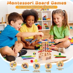 Montessori Wooden Board Game, Colorful Sticks & Ball Drop Games for Kids, Fine