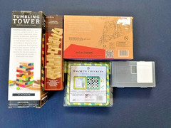 5 Games 55 Piece Dominoes, Brain Teasers, Mini Checkers, (2) Tumbling Towers