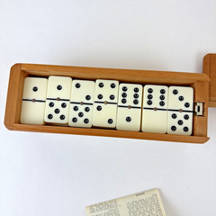 Vintage Cribbage Dominoes Game Set Double 6 Metal Dot Wood Box Japan