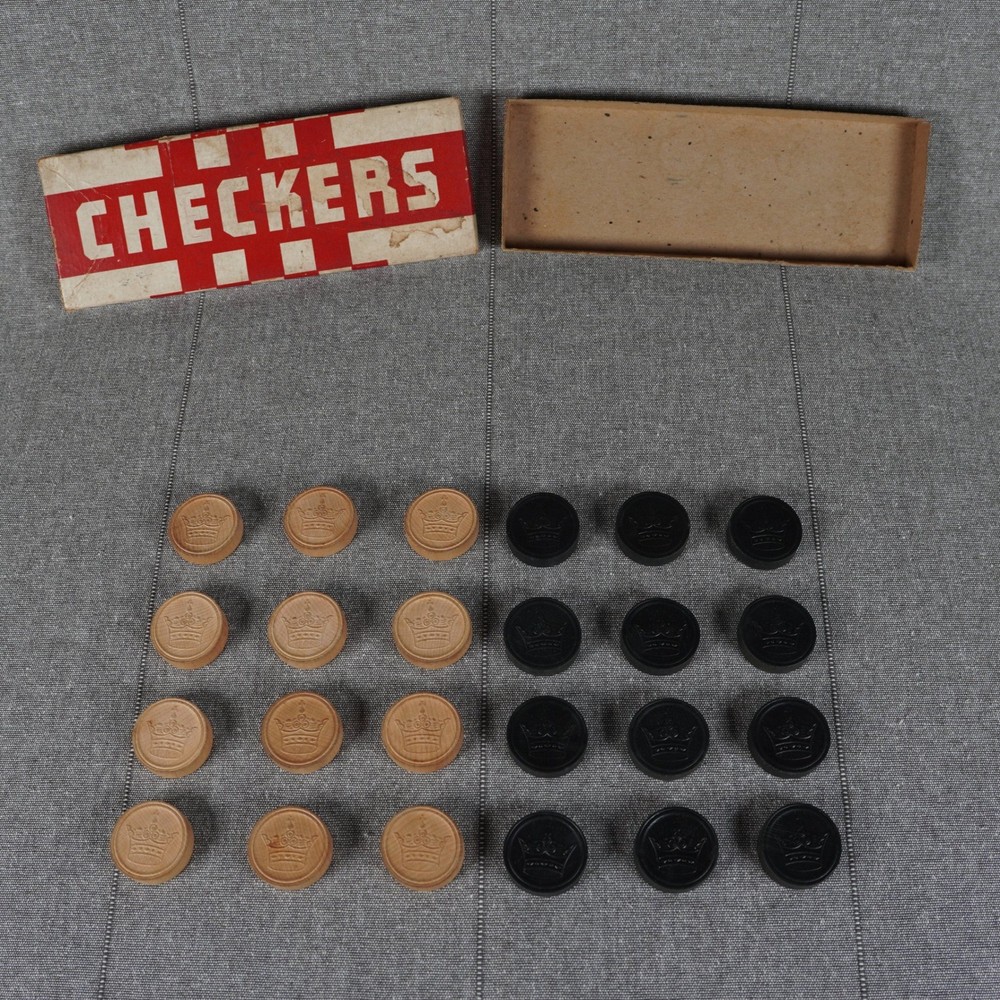 Vintage Wooden Checkers 24 Piece Set Hal Sam Made in USA Embossed Wood Game Box