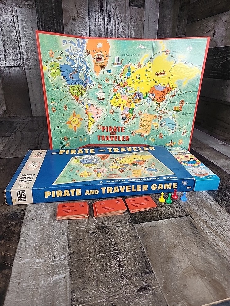Pirate and Traveler Board Game Milton Bradley 1960 tokens board spinner cards