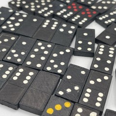 Vintage Ornate Floral Back Dominoes Lot of 55 Black Leafy Composition Set 1960s